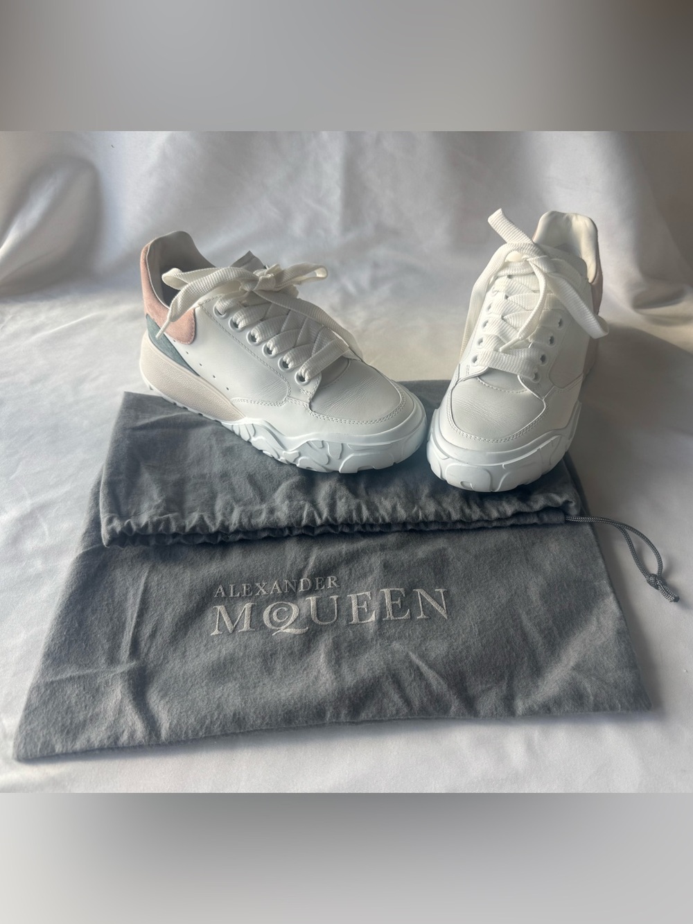 Alexander McQueen Court Leather Sneakers w/Pink & Green Suede Heel Ss 36.5/6.5US